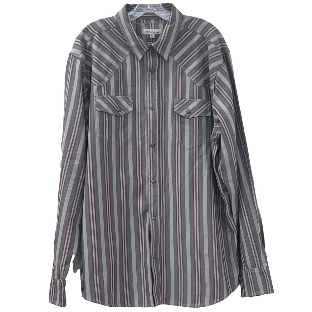 BR Blue Ranchwear Mens Shirt XL Gray Red Stripe Western Long Sleeve Pearl‎ Snaps